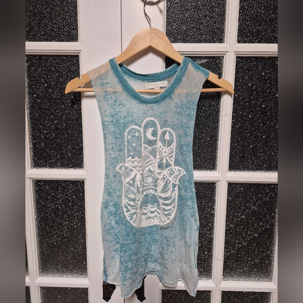 Spiritual Gangster muscle tank Hamsa small blue teal white semi sheer